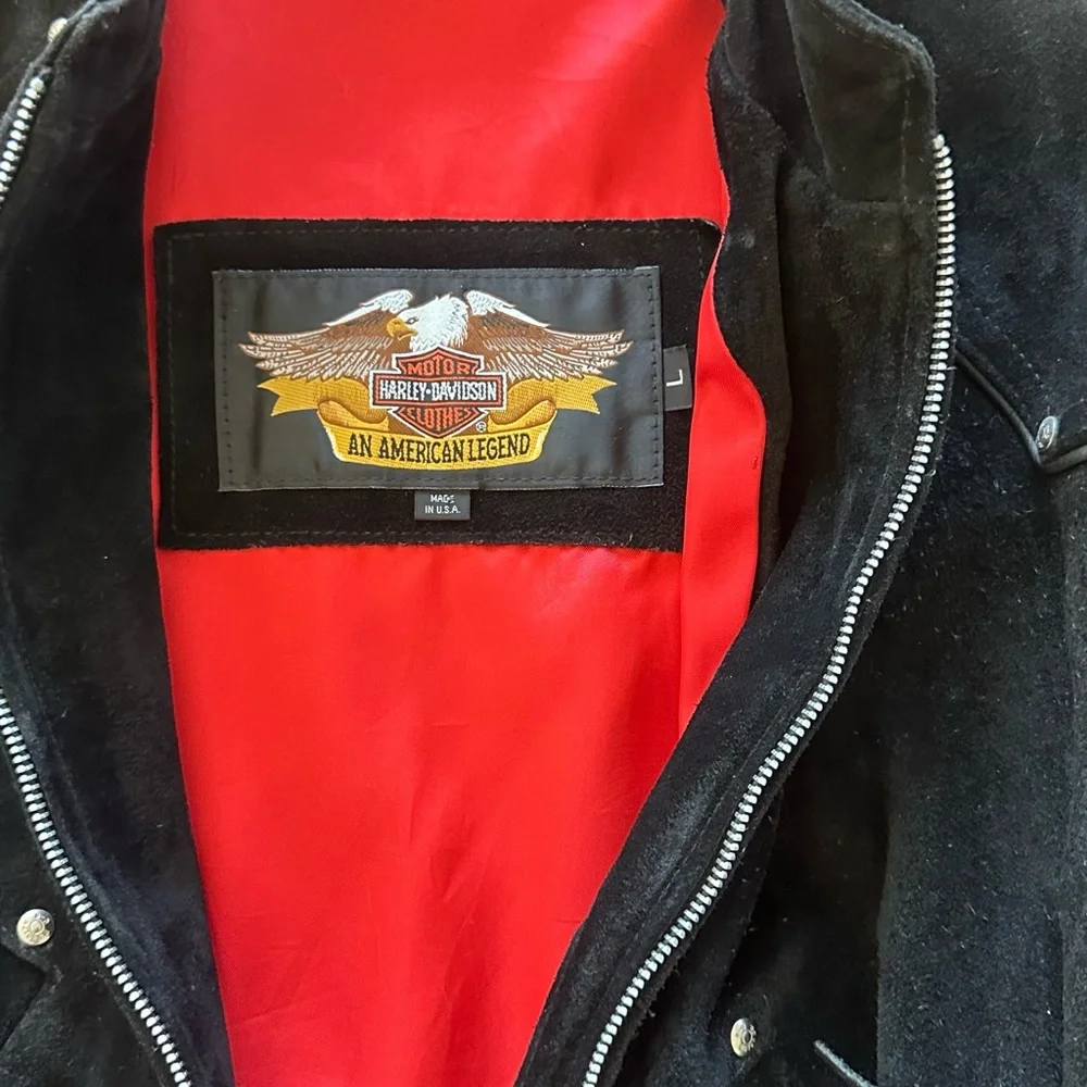 Harley-Davidson Black Leather Jacket with Fringe and Red Lining - Picture 5 of 7